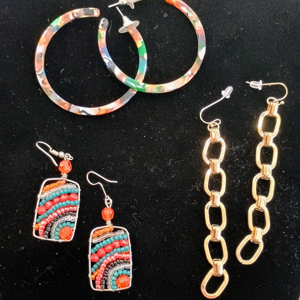 3 Colorful Beaded and Gold Hoop Earrings Set